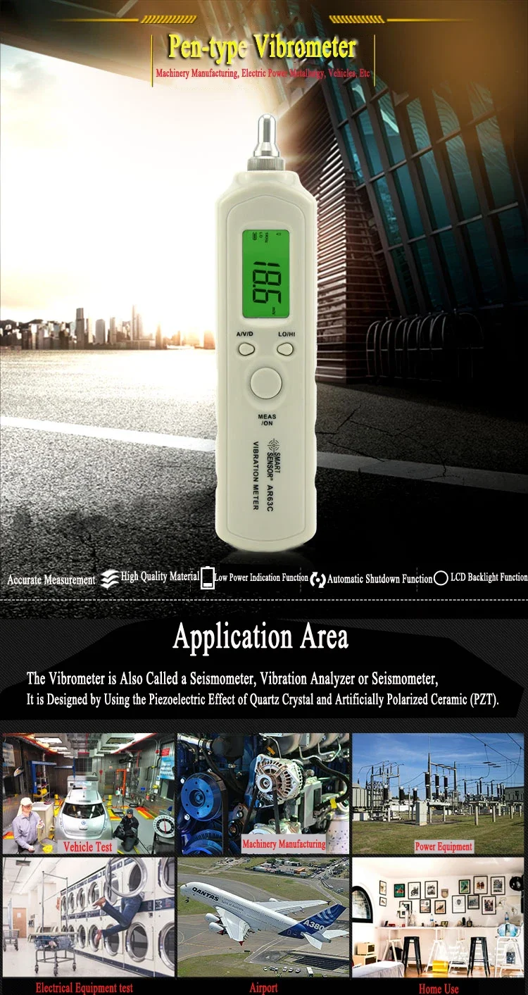 Smart Sensor AR63C Portable Digital Vibrometer AC Output 9V Battery Vibration Meter Analyzer 5