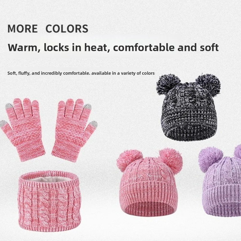 Cute Pompom Baby Hat Scarf Gloves Set Warm Ears Thickened Toddler Knitted Hats with Velvet Multicolor Hat Set Autumn Winter