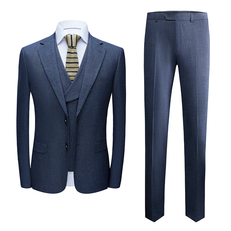 

(Jacket+Vest+Pants) 2023 New Men's Suits 3-Piece Groom Blue Plaid Wedding Dress Slim Fit Banquet Ball Social Tuxedo Formal Suit