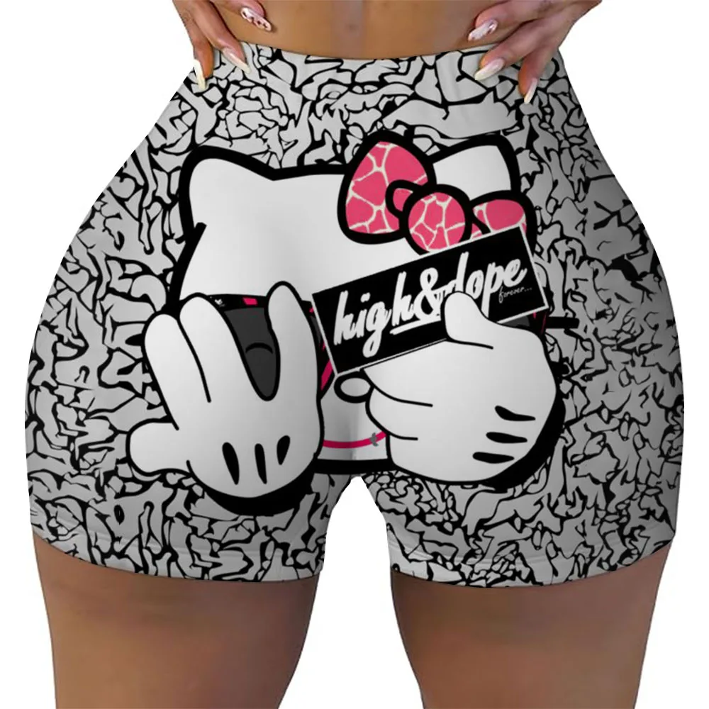 Women's sports shorts, Hello Kitty printed leggings, black gray red S-XXL quick drying casual fitness yoga 5