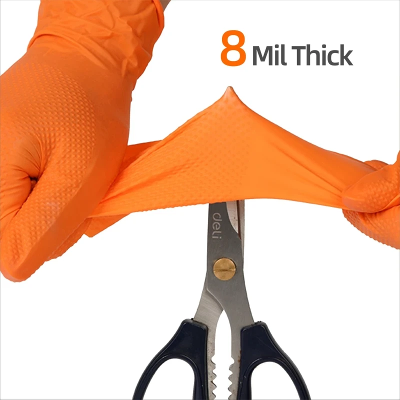 8mil Heavy Duty Industrial Orange Nitrile Gloves Latex Free Diamond Textured Disposable Gloves Mechanic Cleaning Hair Dye