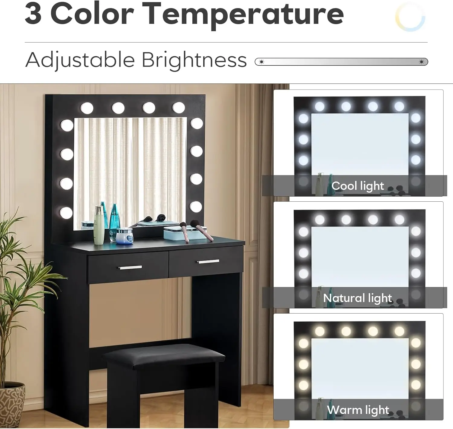 illuminated vanity table with adjustable light, dual drawers, and matching stool for contemporary makeup applications