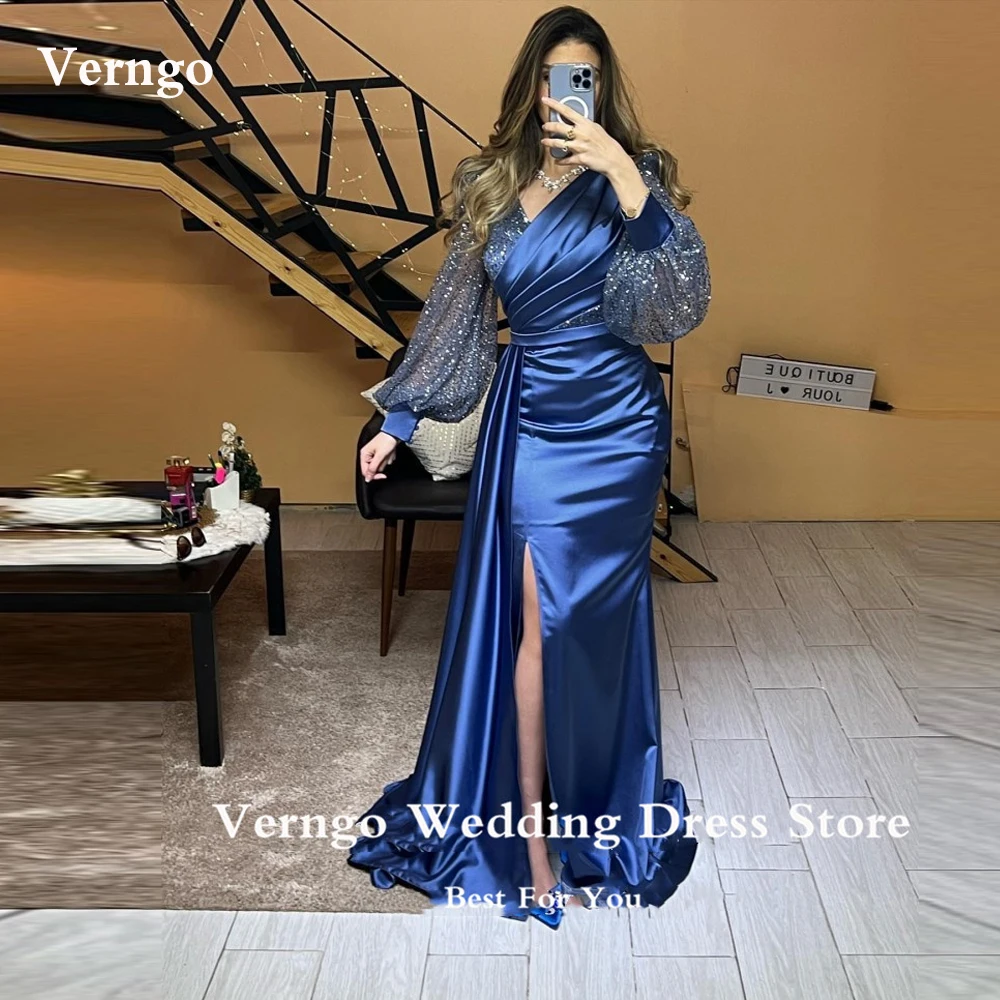 

Verngo Navy Blue Evening Dresses Wedding Party Women V-Neck Long Sleeve Mermaid Satin Arabic Celebrity Prom Gowns Plus Size 2023