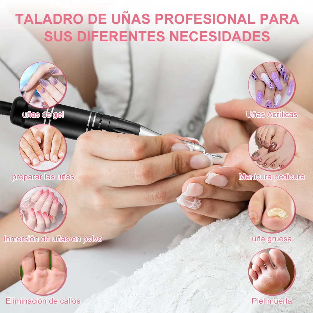 Torno Eléctrico para Uñas Torno para uñas Profesional - Velocidad Ajustable  Máquina de Lima Uñas,Taladro para Uñas con 6* Brocas y 6* Bandas de Lijar