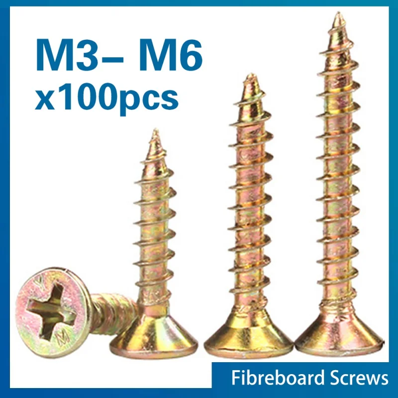 thumbnail image 1 of 100pcs/lot M3 M3.5 M5 M6 Zinc Coated Cross Recessed Countersunk fibreboard Chipboard Flat Head Sell Tapping Wood Screw, 1 of 4