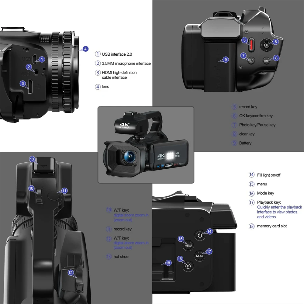 4K Digital Cameras For Photography Professional YouTube Vlog Streaming Video Camcorder 18X 64MP WIFI Webcam Auto Focus