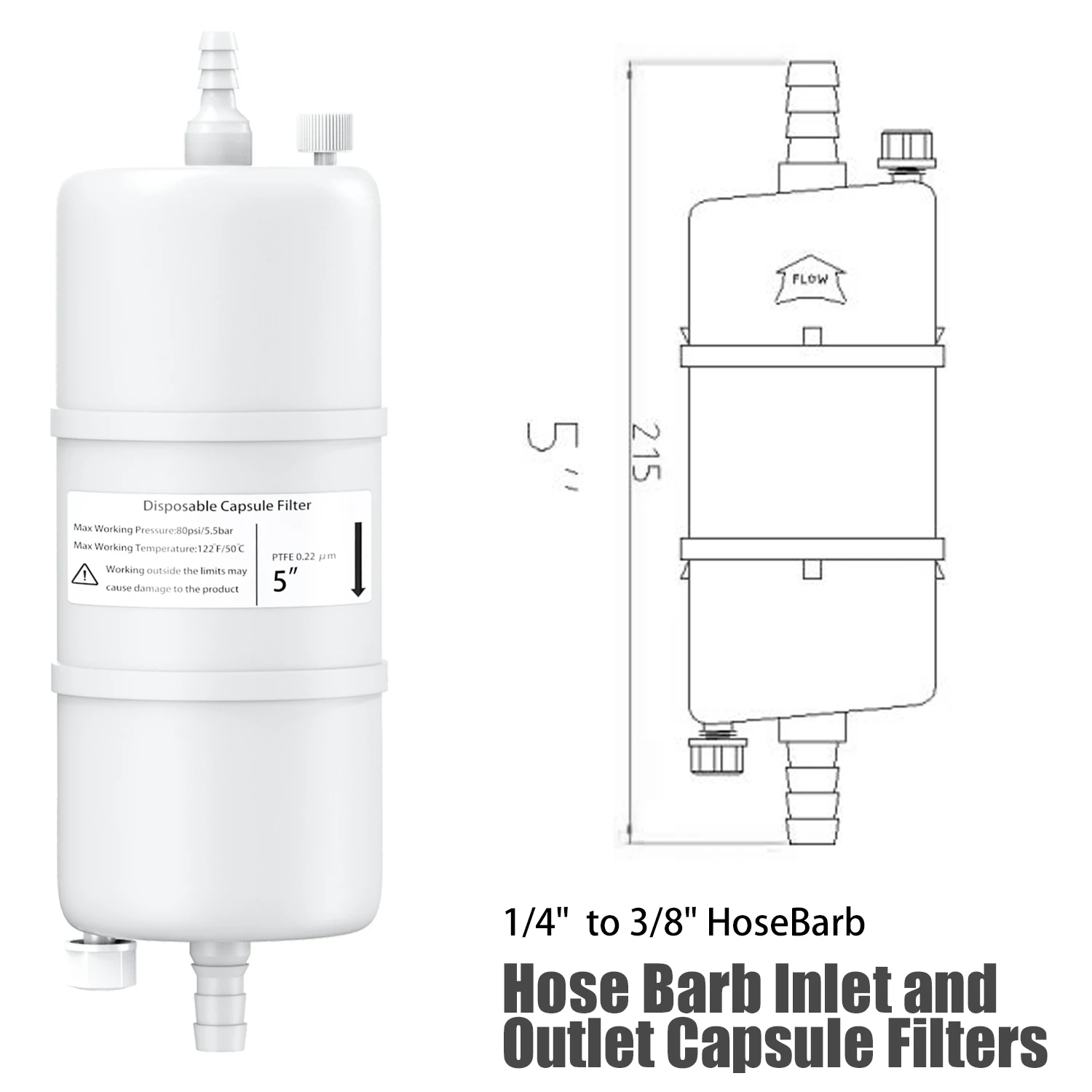 Sterile PTFE/PES Capsule Filters with Hose Barb for 1/4" to 3/8" Tube, Pore Size 0.22um , Individual Packag,1/pk