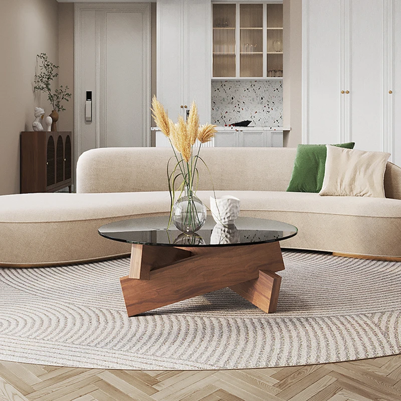 

Nordic Living Room Coffee Tables Modern Design Wood Round Coffee Table Black Glass Center Mesas Bajas Minimalist Furniture Home