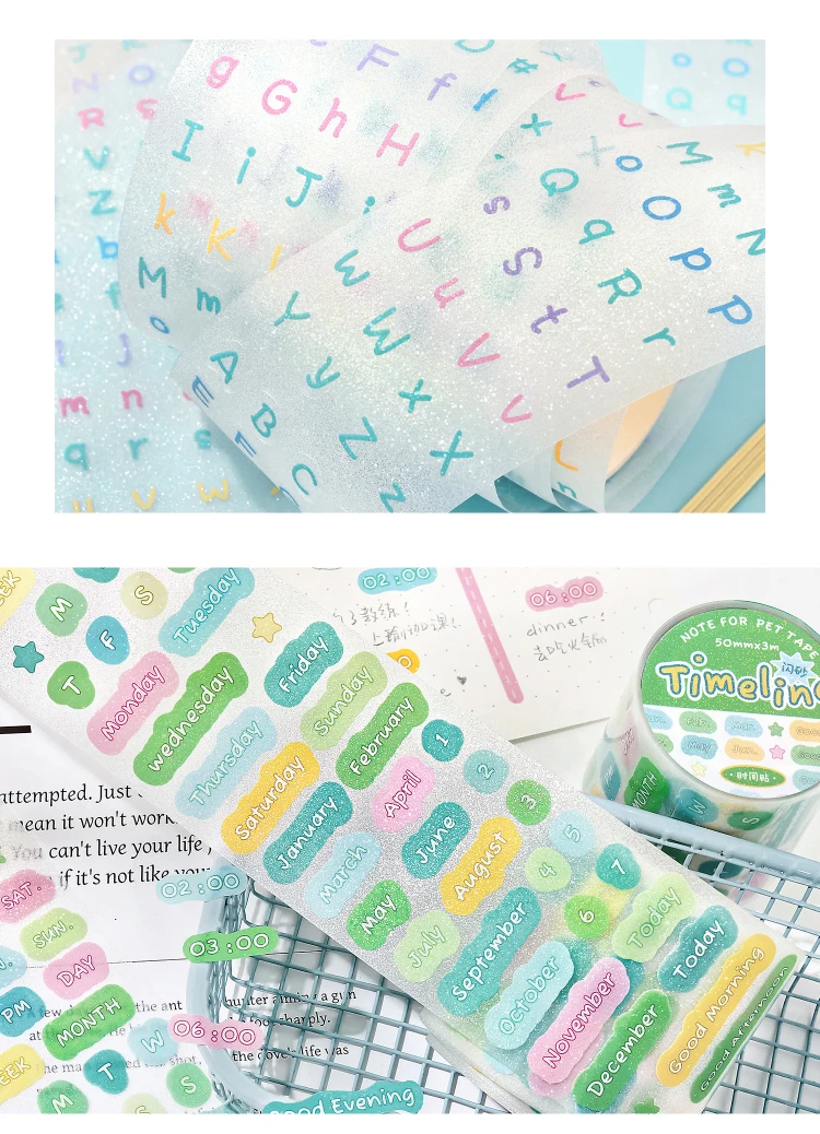 50mm * 3m Kawaii Ins Pixel Flash Sand Die Cutting Stickers DIY Diary Scrapbook Phone Case Decoration Material Cute Stickers