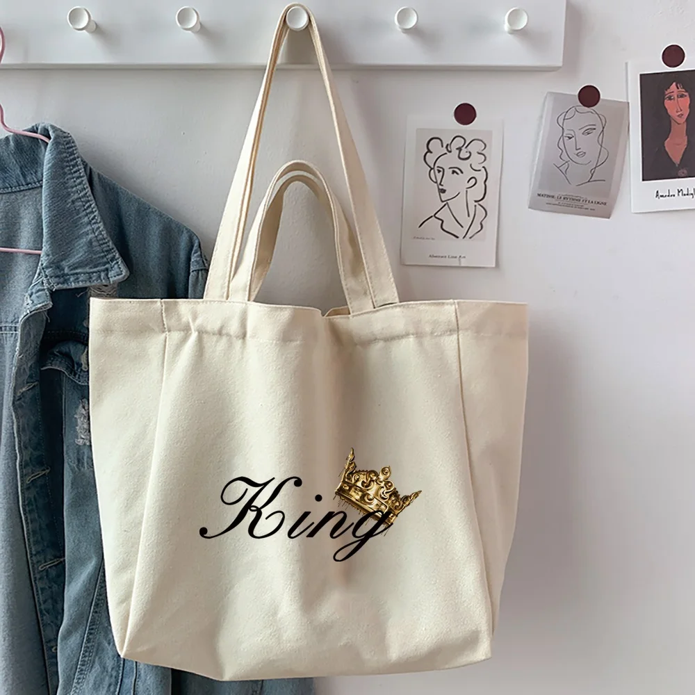 Women's Bag Casual Large Capacity Shoulder Bags Shopper Canvas Fashion Harajuku King&queen Pattern Print Couple Shopping Handbag