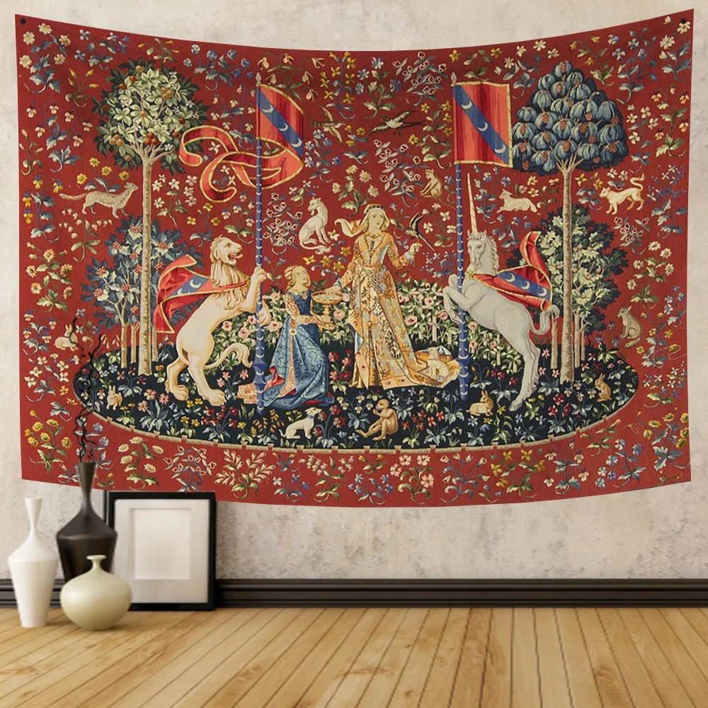 Tapestry decorations Medieval Lady And The Unicorn Tapestry Wall Hanging Multifunction Home Decor Background Decor Bedspread Blanket Mat Covering