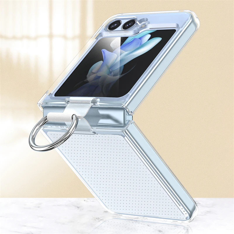 Solid Color Folding Case with Finger Ring Buckle - Shockproof Matte Clear Cover
