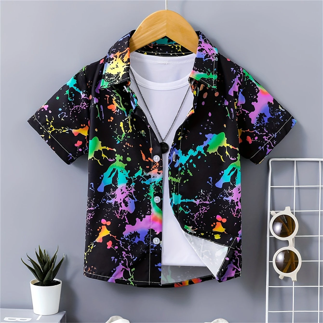 Colorful Splash Ink Print Boys Creative Shirt Casual Short Sleeve Lapel Shirts Tops Children Boys Clothes for Summer Outdoor Tee
