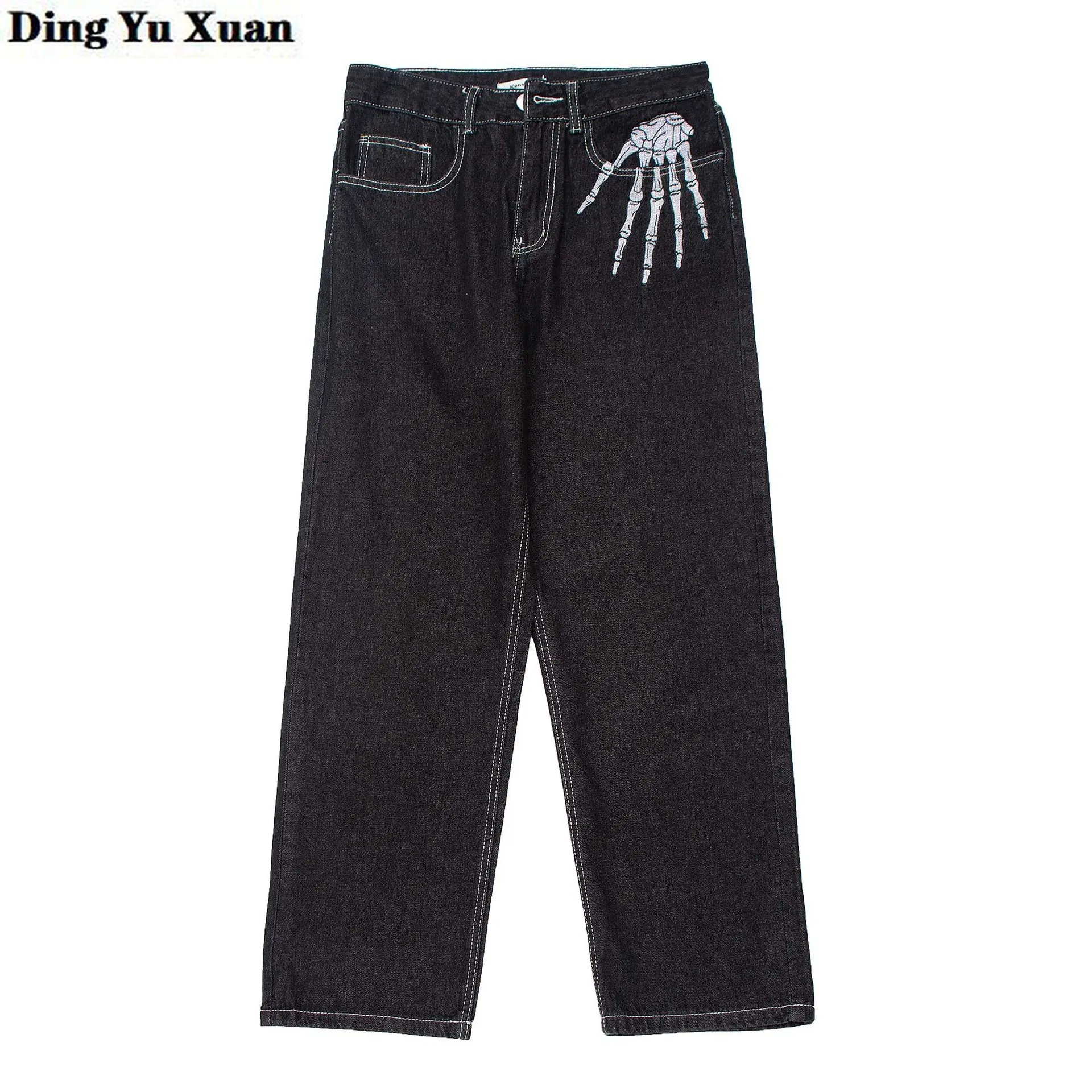 

Punk Style Y2k Streetwear Skeleton Embroideried Black Baggy Jeans for Men Hip Hop Straight Denim Pants Male Wide Leg Trousers