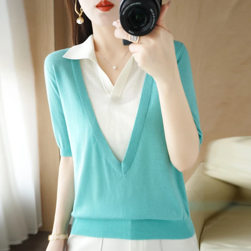 2022 New lapel short-sleeved women's T-shirt solid color knitted wild summer wool sweater thin pullover promotion S-XXL |