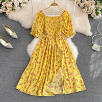 2026 Fashion New Summer Flower Print Long Dress Women Vintage Square Neck Ruched Chest Split  Sundress Party Vestidos - Image 5