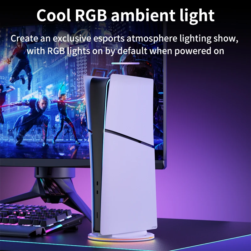 PS5 슬림/프로 게임 콘솔에 적합한 RGB 수직 스탠드 미끄럼 방지 안정적인 LED 냉각 베이스 스탠드 게임 액세서리