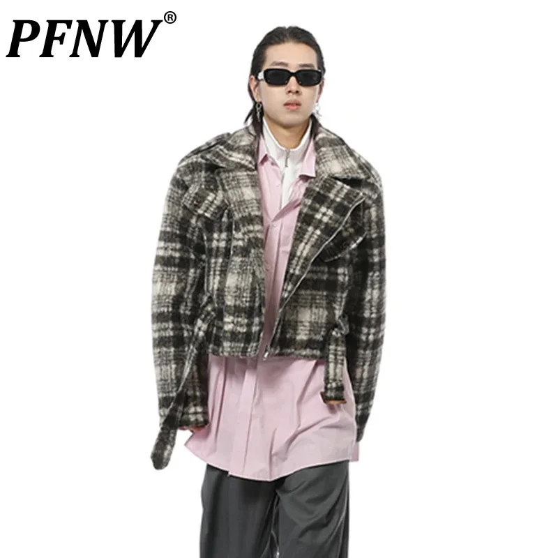 

PFNW American Stylish Men's Short Woolen Jackets Plaid Stitching Color Male Coats Casual Niche Design 2023 Winter Trendy 28W2256