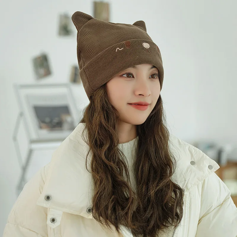 Moda Autunno Inverno Donna Berretto Lavorato a Maglia Carino Orecchie di Gatto Cappello Caldo Ragazze Outdoor Sci Pullover Berretto Morbido All'uncinetto Paraorecchie Cappelli_voghion.com