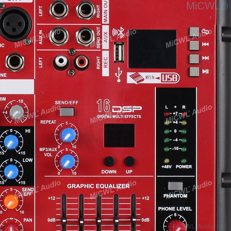 MiCWL MR600 탑 레드 컬러 6 채널 오디오 믹서, XLR 6 입력 게인, 블루투스 16 DSP USB 뮤직 폰, AUX 믹싱 콘솔 스테이지
