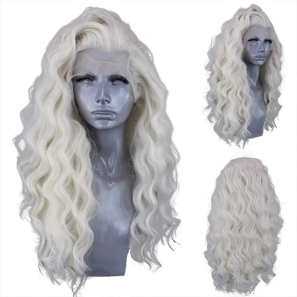 

FANXITION Platinum Blonde Wavy Lace Front Synthetic Wig Long Body Wave Heat Fiber Hair Synthetic Lace Front Wigs for Women