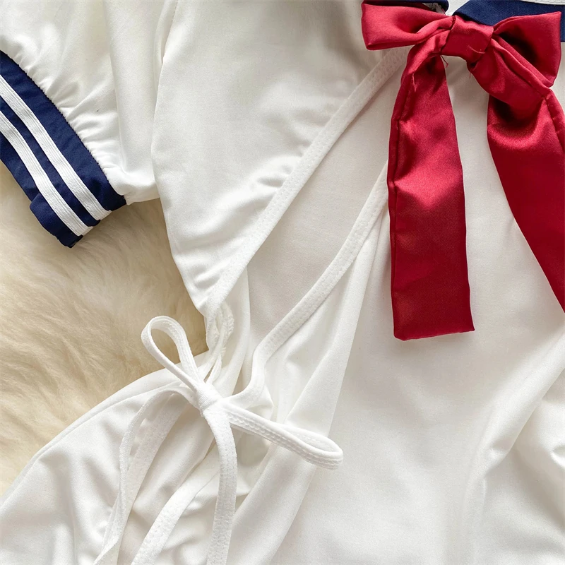 Sailor Collar Split Sexy Ladies Bow Hotsweet Mini Dress+Thong Ruffle Hollow Out Cosplay Lace-up Erotic Nightdress Woman 2 Pieces