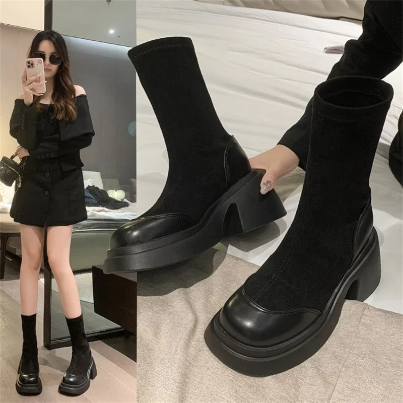 2023Autumn/Winter New Thick Sole Square Head Thick Heel Mid Sleeve Back Zipper Women's Short Boots Super High Heel Fashion Boots