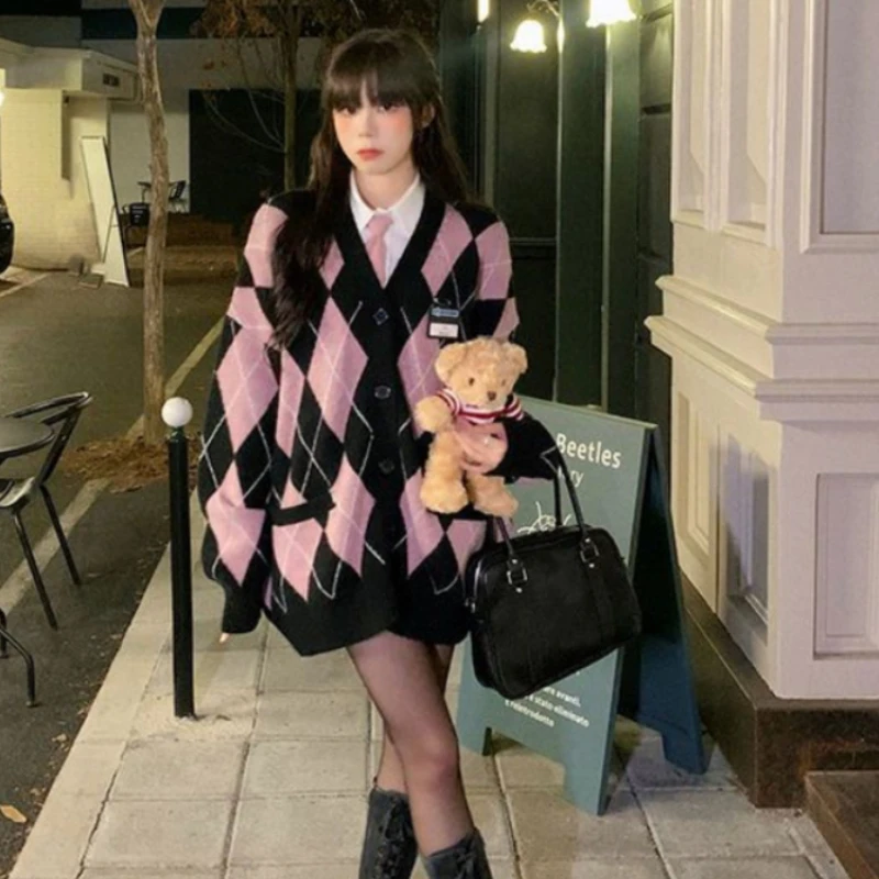 

Preppy Style Argyle Knitted Cardigan Women Harajuku Sweet Pink Oversized Sweater Retro V-neck Long Sleeve Knitwear Tops