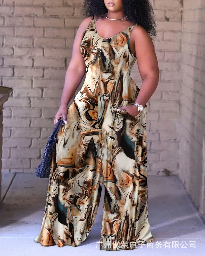 Women Abstract Print Wide Leg Jumpsuit Sleeveless High Waist Summer Spring Loose Overall Pants Jumpsuits Sexy