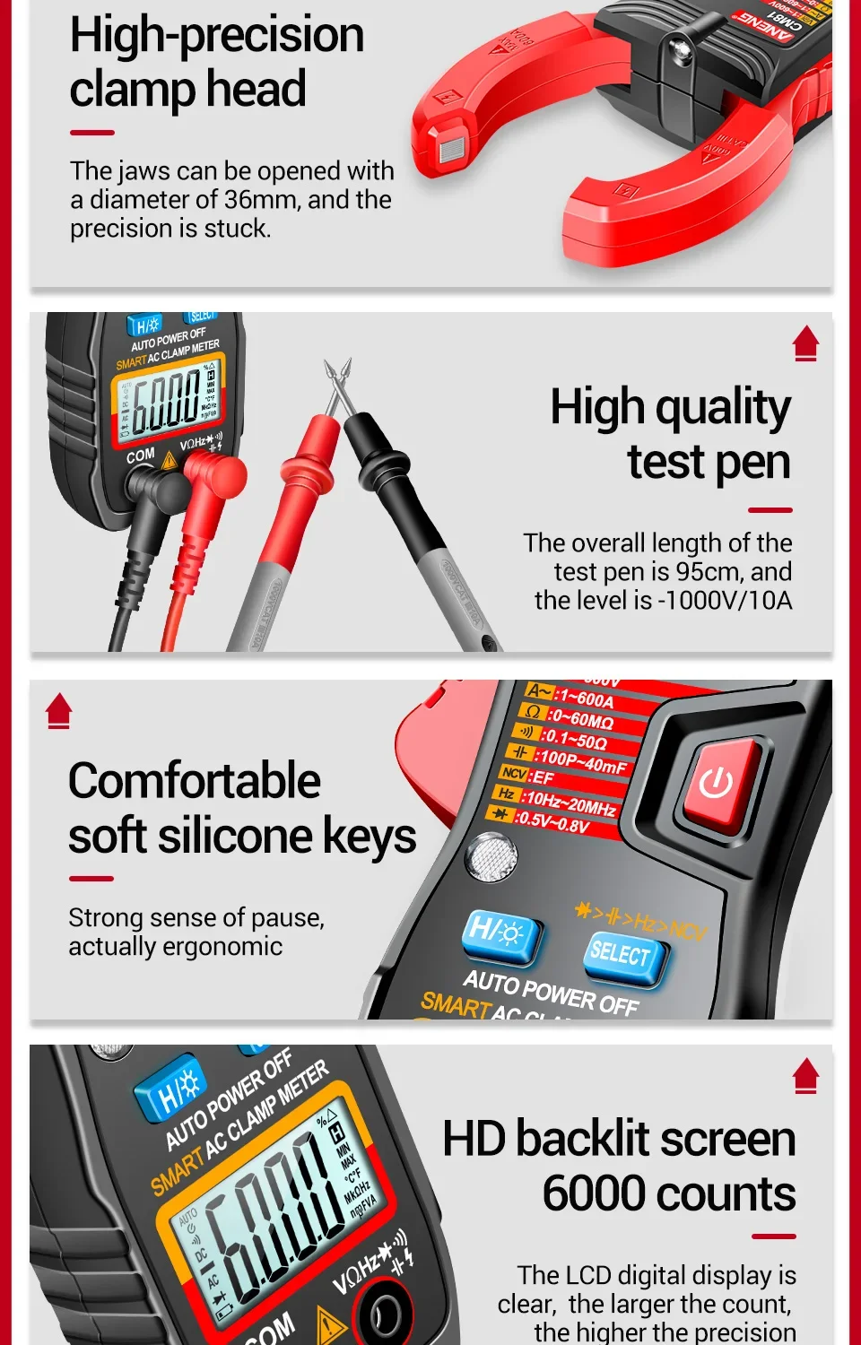 ANENG CM81 Digital Clamp Multimeter - AC/DC Voltage, Current, Resistance, Capacitance, and Diode Tester High-performance, auto-ranging digital clamp multimeter for precise measurements of AC/DC voltage, current, resistance, capacitance, and diode testing. High-performance, auto-ranging digital clamp multimeter for precise measurements of AC/DC voltage, current, resistance, capacitance, and diode testing. S939f65c380964619868d682115bc15b3D -