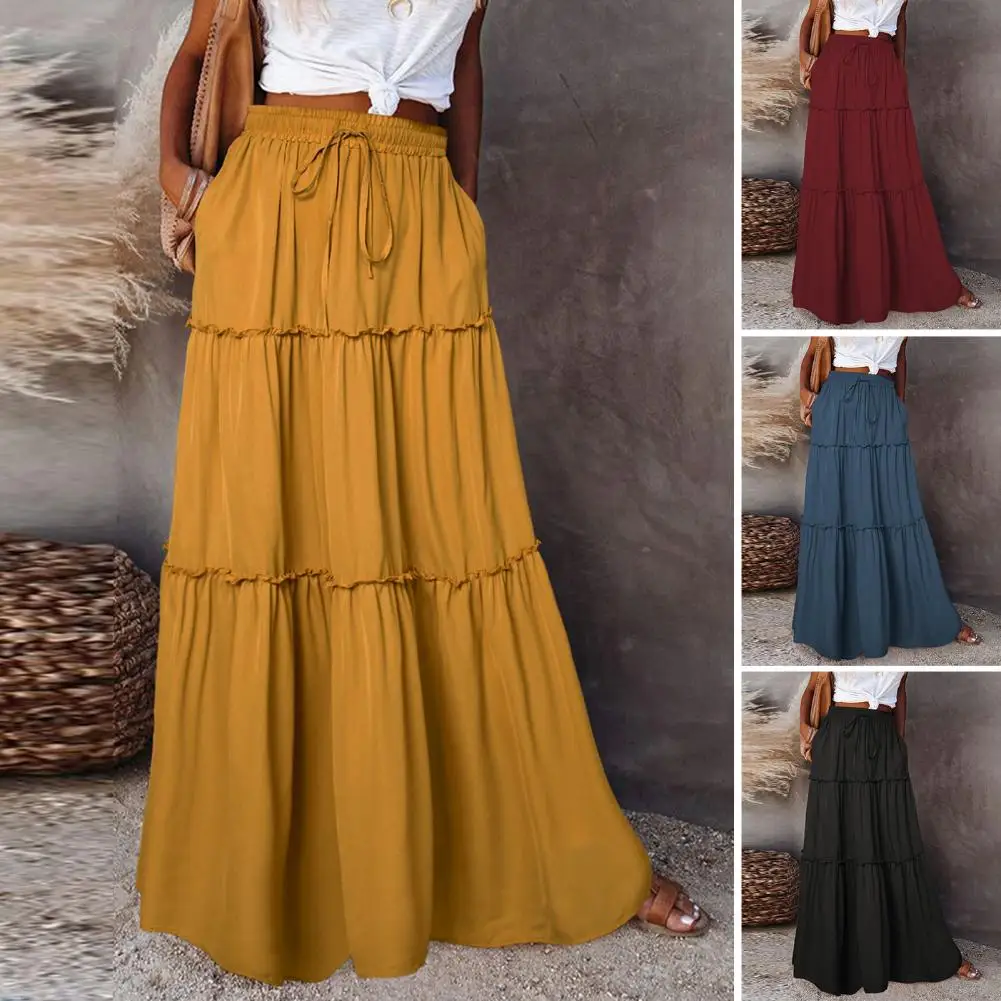 

Party Long Skirt Elegant Women's High Waist Maxi Skirt A-line Silhouette Solid Color Ruffle Stitching for Holiday Parties