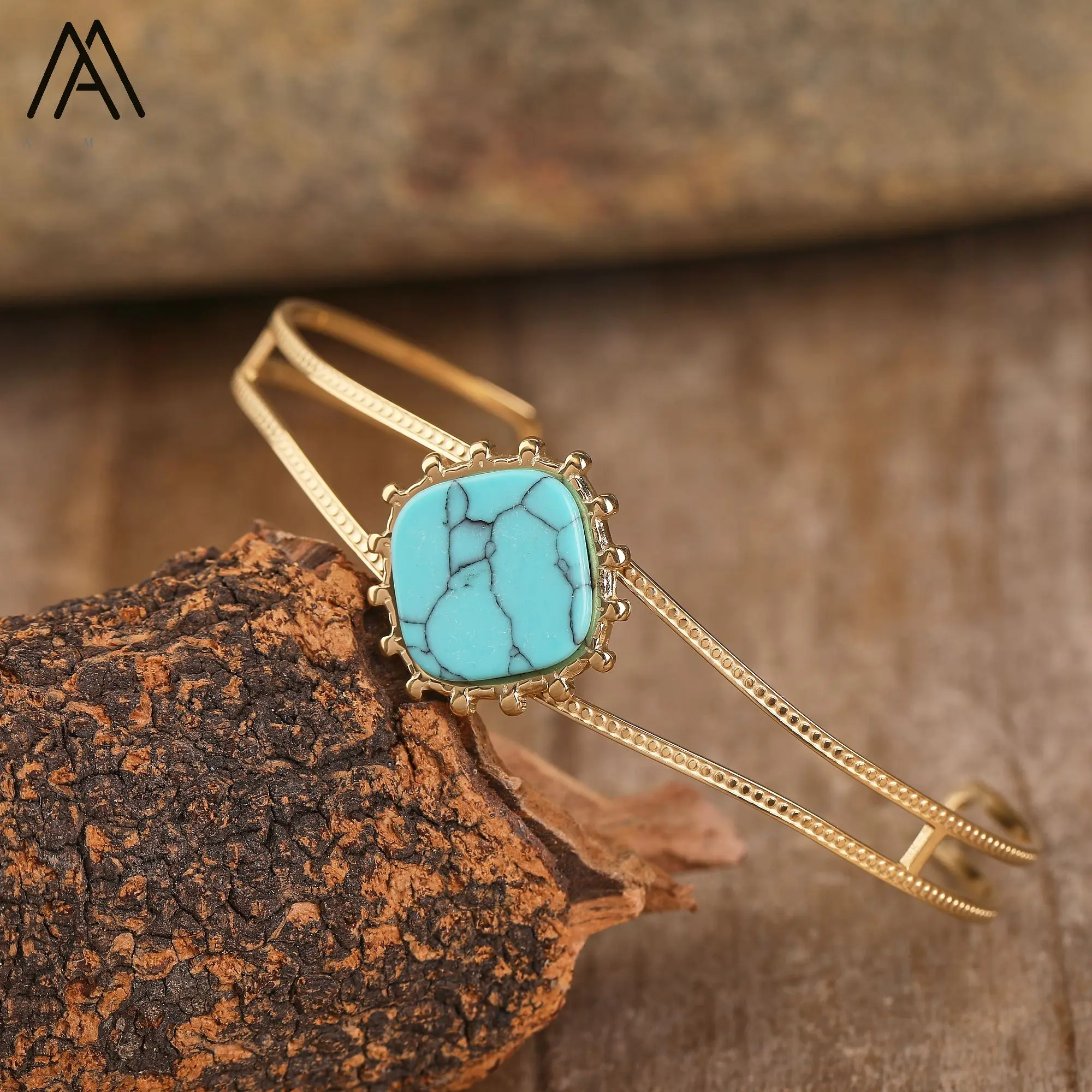 Minimalist ische Armreif Türkis Stein Edelstahl offene Manschette Armbänder für Frauen trend igen Schmuck Vintage Geschenk – Detail 9
