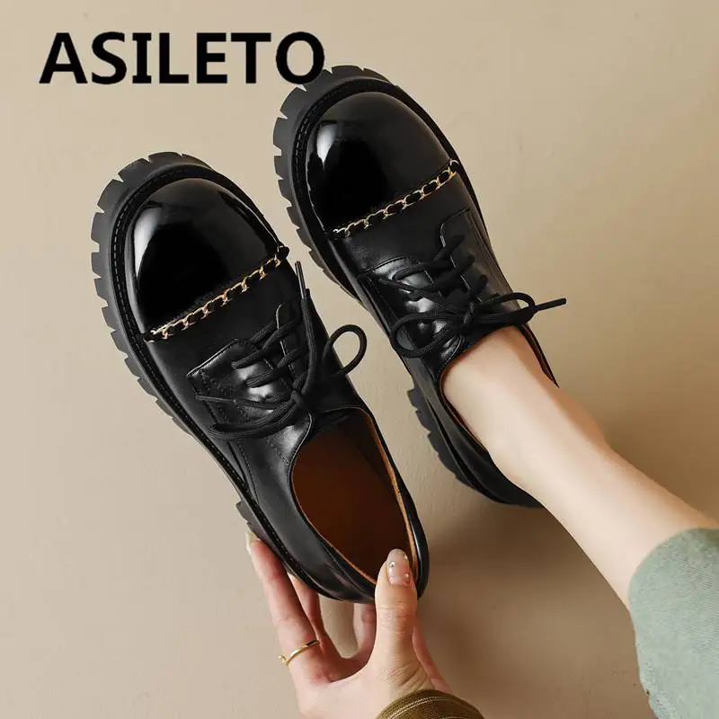 

ASILETO Brand Ladies Flats Round Toe Thick Heel Lace Up Chain Mixed Big Size 41 42 43 Casual Daily Shoes For Girls Soft S4805