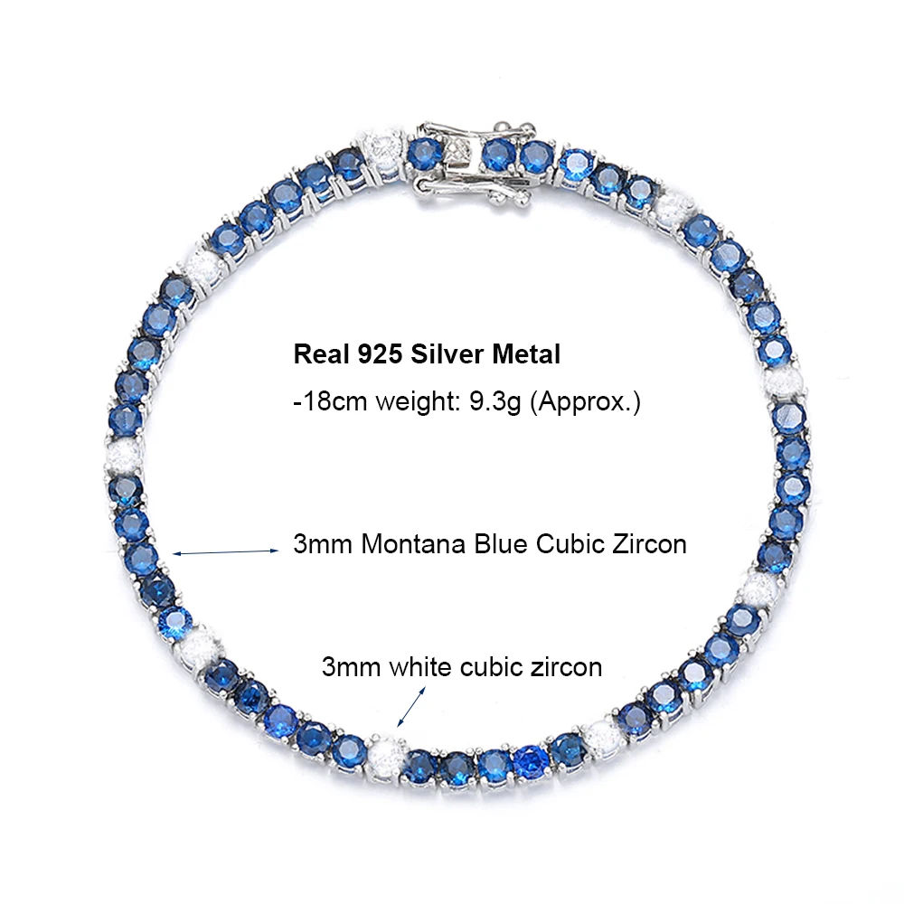 Pure Silver 15-20 cm Tennis Bracelet Pave 3 mm Montana Blue Semi Precious Sapphire Mix Clear Cubic Zircon Real 925 Jewelry