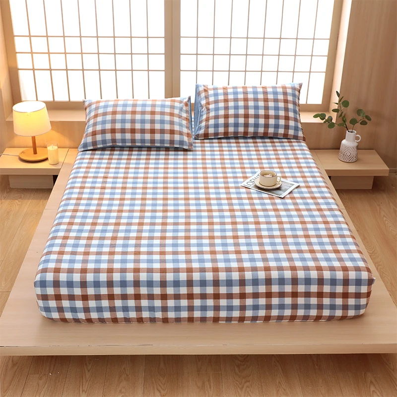 2025 New All-cotton Yarn-dyed Single Bed Hat Printed Checked Washed Mattress Cover Wrap Bed Cover 360 Degrees with Elastic 2