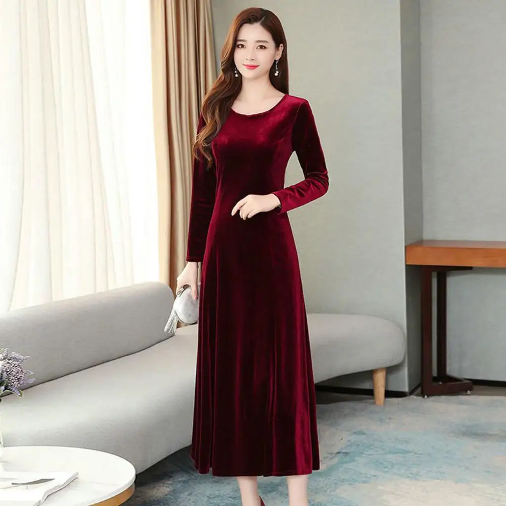 

Women Round Neck Long Skirt Stylish Women's A-line Winter Dress Big Swing Soft Warmth Elegant Prom Evening Attire Lady Soft