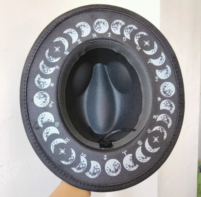 Wildflower Moon Print Fedora-Hut für Damen und Herren, modisch, Persönlichkeit, Herbst und Winter, breite Krempe, Hexenhut, britischer Retro-Hut mit flachem Oberteil – Detail 5