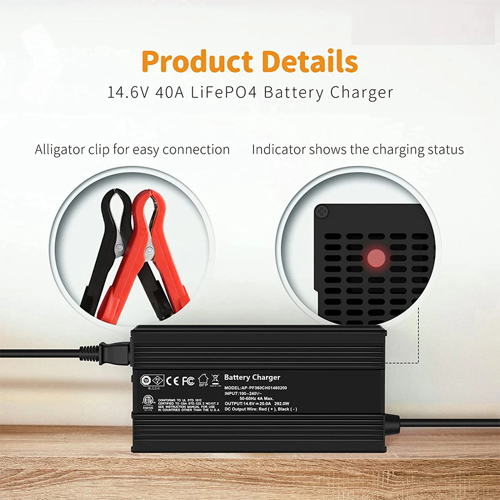 14.6V 40A Lithium ion Battery Charger, Upgraded 12V LiFePO4 Portable Car Battery Charger, Automotive Trickle Charger