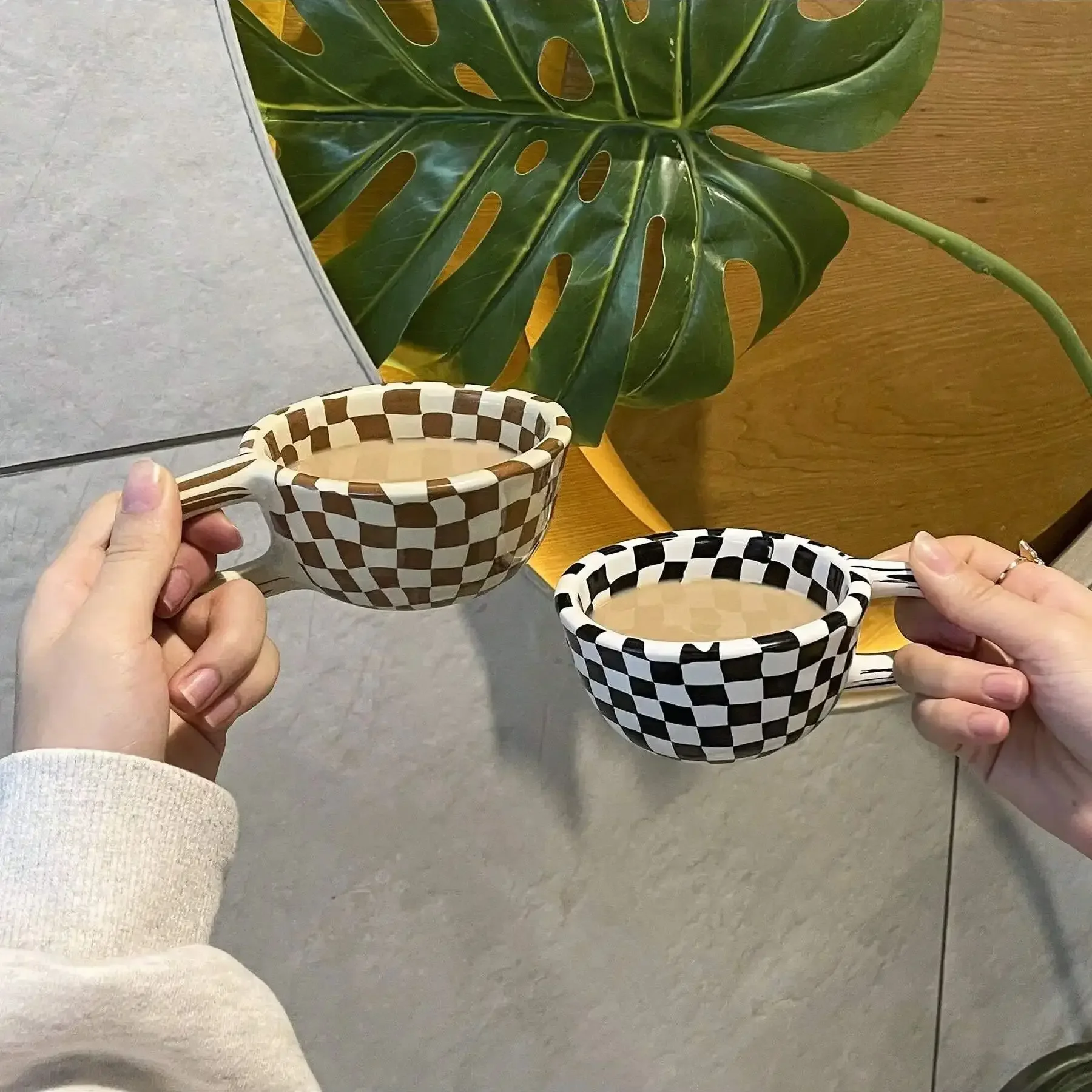 1pc-Creative Ceramic Checkered Pattern Tea Cup