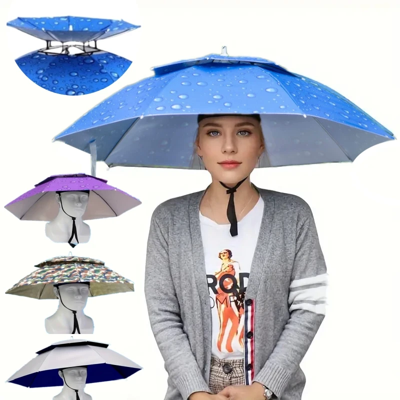 Casquette parapluie pêche pliable imperméable double couche UV pour protection maximale tête