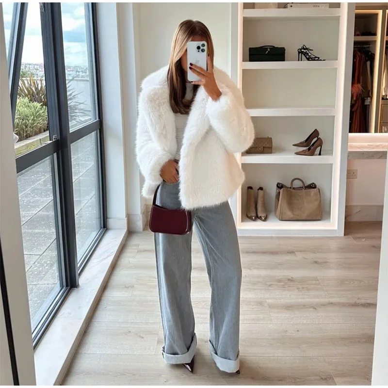 Fluffy Faux Fur Coat Women Elegant Loose Lapel Plush Long Sleeve Buckle Thick Jacket Autumn Winter Solid Warm Overcoat New