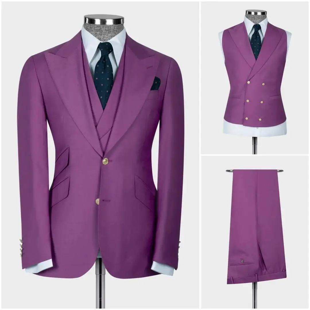 Dark Blue Men's Suit Coat Pants Vest 3Pcs Set Man Suits Slim Fit Outfit Blazer Trousers Wedding Clothing New Year Business Wear