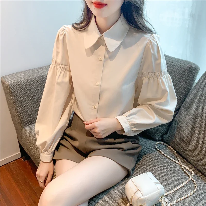 

Chiffon Women's Shirt Loose Solid Vintage Blouses Polo-neck Clothing Spring/Summer Long Sleeves Fashion Women Tops YCMYUNYAN