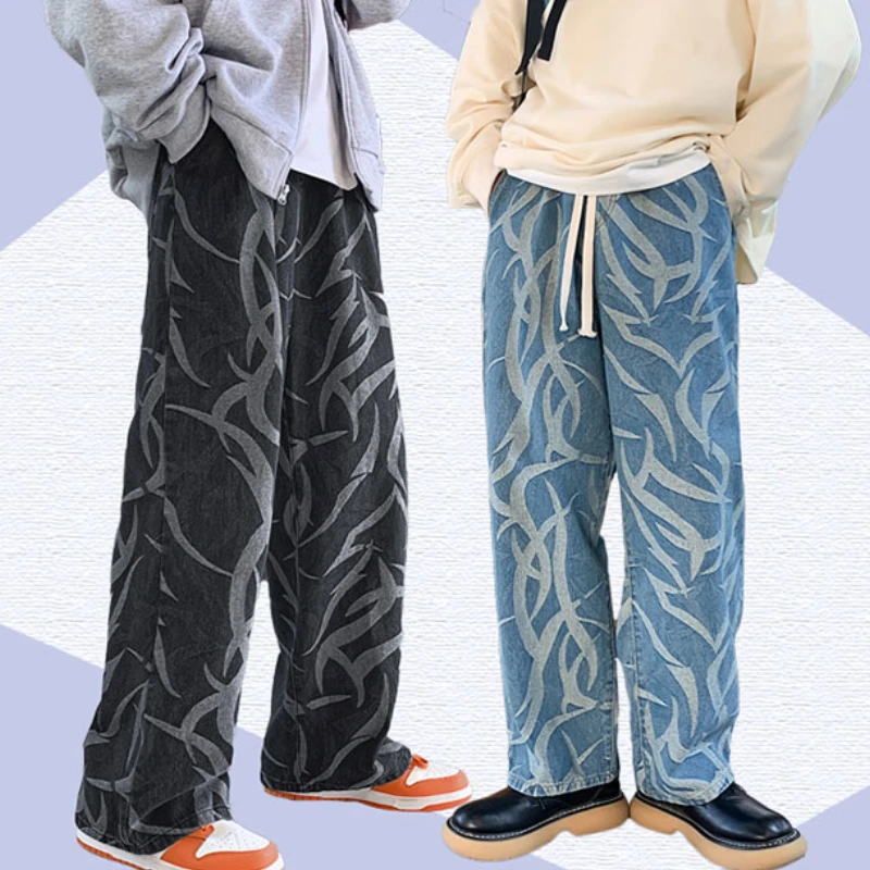 

Spring Men's Printed Denim Pants Straight Casual Jeans Fashion Streetwear Japan Style Retro Drawstring Mopping Trousers