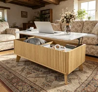 Table basse moderne avec plateau relevable et rangement, plateau effet marbre et finition chêne clair, table centrale de salon à hauteur réglable, 105 cm 2