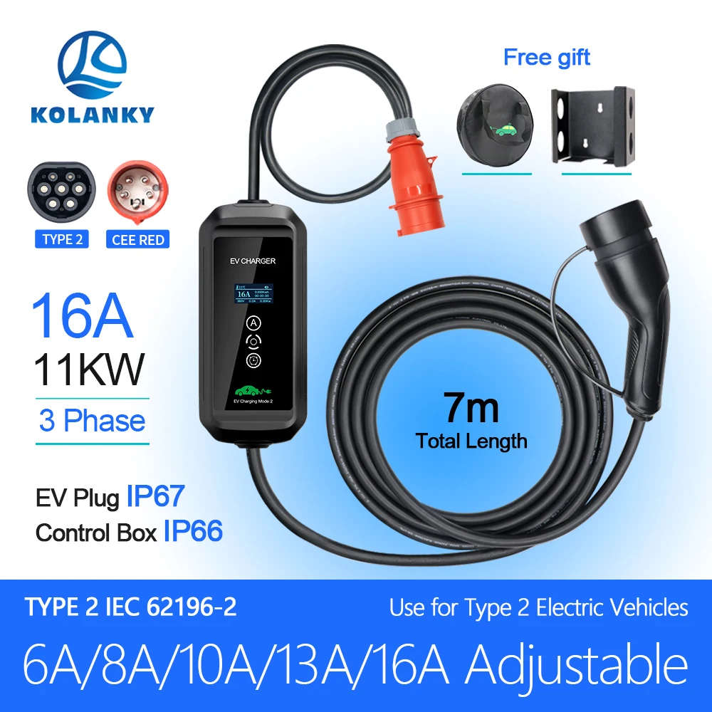 Kolanky Type 2 Portable EV Charger 11KW 16A 3 Phase EVSE Charging Cable 7m CEE Plug for Electric Car
