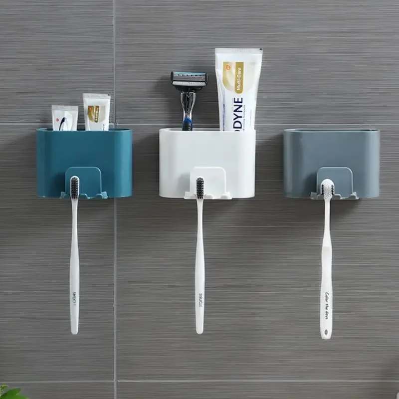 Toothbrush Holder Punch-free Wall-mounted Toothbrush Holder Shaver Toothpaste Mouthwash Cup Storage Rack Bathroom Accessories toothbrush holder