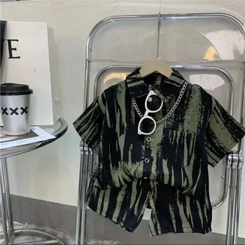 Trendy Casual Short Sleeve Tops+Shorts Boys Kids Thin Fashion Loose Shirt 2 Piece Set Children Simple New Summer Clothing Suit 1