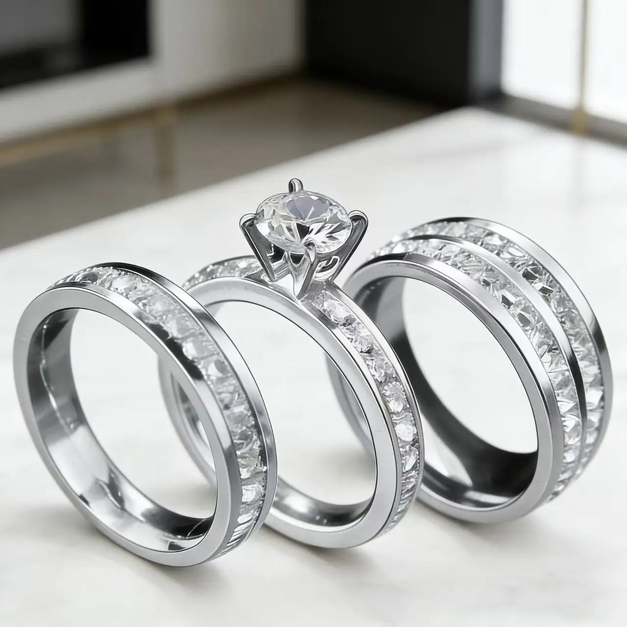 3PCS Set Gold Plated Zirconia (CZ) Wedding Engagement Band Stainless Steel Ring For Women Classic Jewelry Accessories Gift 4