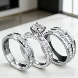 Elegant Gold Plated Cubic Zirconia Ring Set - Stainless Steel Wedding & Engagement Jewelry Gift - USA 8 (Silver)